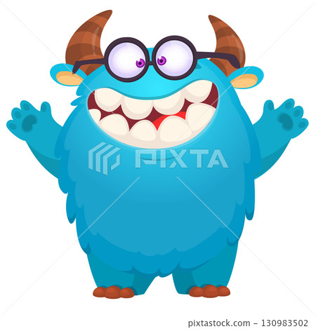 Cartoon cute monster with funny face expression waving hands. Halloween vector illustration Cartoon cute monster with funny face expression waving hands. Halloween vector illustration 130983502