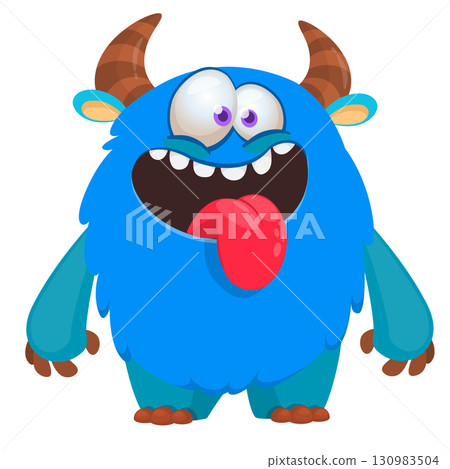 Cartoon cute monster with funny face expression waving hands. Halloween vector illustration Cartoon cute monster with funny face expression waving hands. Halloween vector illustration 130983504