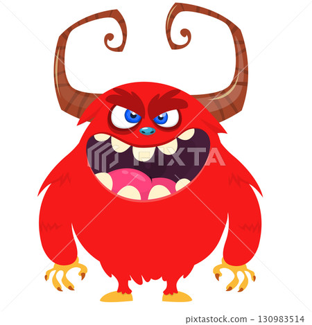 Cartoon cute monster with funny face expression waving hands. Halloween vector illustration Cartoon cute monster with funny face expression waving hands. Halloween vector illustration 130983514