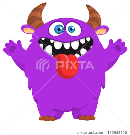 Cartoon cute monster with funny face expression waving hands. Halloween vector illustration Cartoon cute monster with funny face expression waving hands. Halloween vector illustration 130983516
