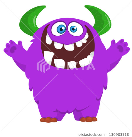 Cartoon cute monster with funny face expression waving hands. Halloween vector illustration Cartoon cute monster with funny face expression waving hands. Halloween vector illustration 130983518