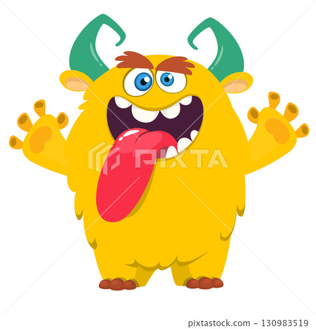 Cartoon cute monster with funny face expression waving hands. Halloween vector illustration Cartoon cute monster with funny face expression waving hands. Halloween vector illustration 130983519