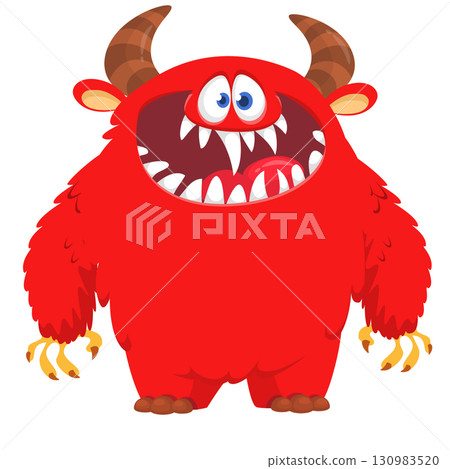 Cartoon cute monster with funny face expression waving hands. Halloween vector illustration Cartoon cute monster with funny face expression waving hands. Halloween vector illustration 130983520