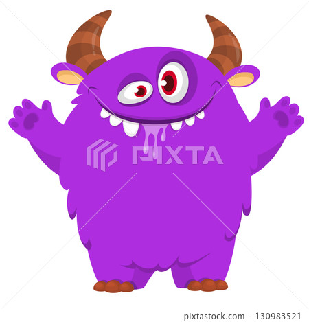 Cartoon cute monster with funny face expression waving hands. Halloween vector illustration Cartoon cute monster with funny face expression waving hands. Halloween vector illustration 130983521