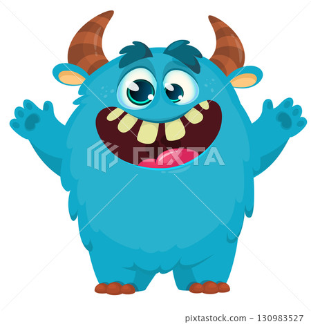 Cartoon cute monster with funny face expression waving hands. Halloween vector illustration 130983527