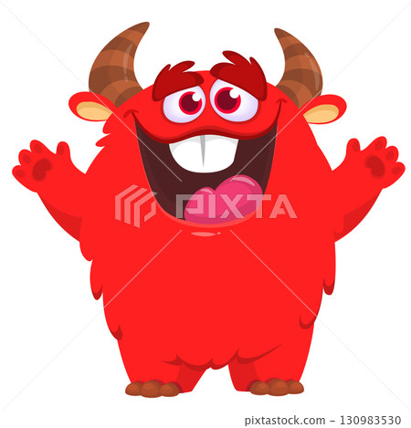 Cartoon cute monster with funny face expression waving hands. Halloween vector illustration Cartoon cute monster with funny face expression waving hands. Halloween vector illustration 130983530