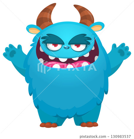 Cartoon cute monster with funny face expression waving hands. Halloween vector illustration Cartoon cute monster with funny face expression waving hands. Halloween vector illustration 130983537