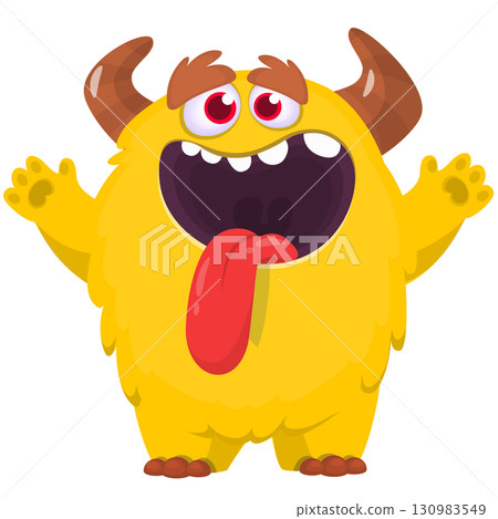 Cartoon cute monster with funny face expression waving hands. Halloween vector illustration 130983549