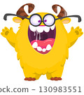 Cartoon cute monster with funny face expression waving hands. Halloween vector illustration 130983551