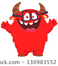 Cartoon cute monster with funny face expression waving hands. Halloween vector illustration 130983552
