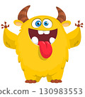 Cartoon cute monster with funny face expression waving hands. Halloween vector illustration 130983553