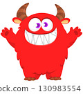 Cartoon cute monster with funny face expression waving hands. Halloween vector illustration 130983554