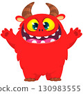 Cartoon cute monster with funny face expression waving hands. Halloween vector illustration 130983555
