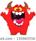 Cartoon cute monster with funny face expression waving hands. Halloween vector illustration 130983556