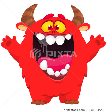 Cartoon cute monster with funny face expression waving hands. Halloween vector illustration 130983556