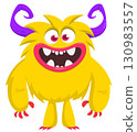 Cartoon cute monster with funny face expression waving hands. Halloween vector illustration 130983557