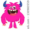 Cartoon cute monster with funny face expression waving hands. Halloween vector illustration 130983559
