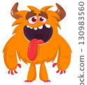 Cartoon cute monster with funny face expression waving hands. Halloween vector illustration 130983560