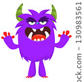 Cartoon cute monster with funny face expression waving hands. Halloween vector illustration 130983561