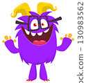 Cartoon cute monster with funny face expression waving hands. Halloween vector illustration 130983562