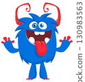 Cartoon cute monster with funny face expression waving hands. Halloween vector illustration 130983563