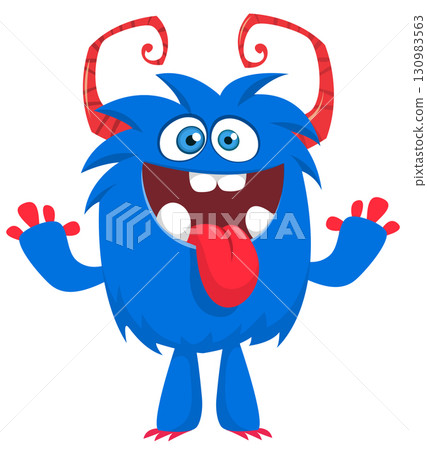 Cartoon cute monster with funny face expression waving hands. Halloween vector illustration Cartoon cute monster with funny face expression waving hands. Halloween vector illustration 130983563