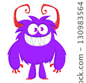 Cartoon cute monster with funny face expression waving hands. Halloween vector illustration 130983564