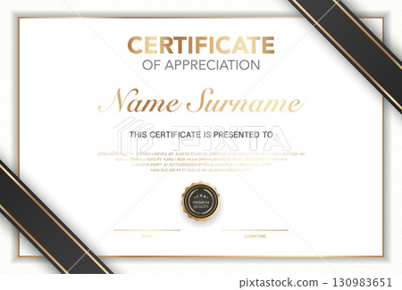 Modern certificate of appreciation template with elegant gold and black design, premium quality badge, customizable name and signature area, perfect for awards, achievement or recognition. 130983651