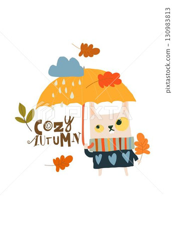 Cute Bunny in Sweater standing in the Rain Under an Umbrella. Cute Bunny in Sweater standing in the Rain Under an Umbrella. 130983813