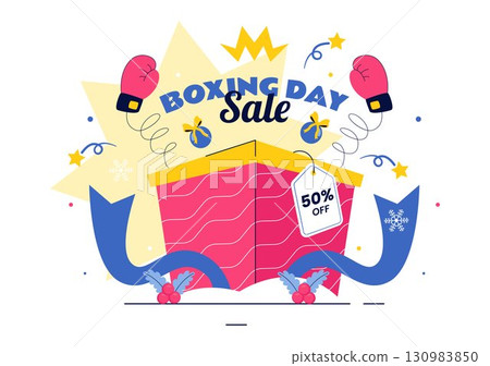 Boxing Day Sale Vector Illustration featuring Discount Tags, Special Offers, and Gift Boxes for Promotional Advertising in a Flat Cartoon Background Boxing Day Sale Vector Illustration featuring Discount Tags, Special Offers, and Gift Boxes for Promotional Advertising in a Flat Cartoon Background 130983850