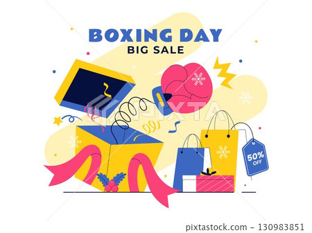 Boxing Day Sale Vector Illustration featuring Discount Tags, Special Offers, and Gift Boxes for Promotional Advertising in a Flat Cartoon Background Boxing Day Sale Vector Illustration featuring Discount Tags, Special Offers, and Gift Boxes for Promotional Advertising in a Flat Cartoon Background 130983851