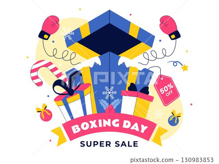 Boxing Day Sale Vector Illustration featuring Discount Tags, Special Offers, and Gift Boxes for Promotional Advertising in a Flat Cartoon Background 130983853