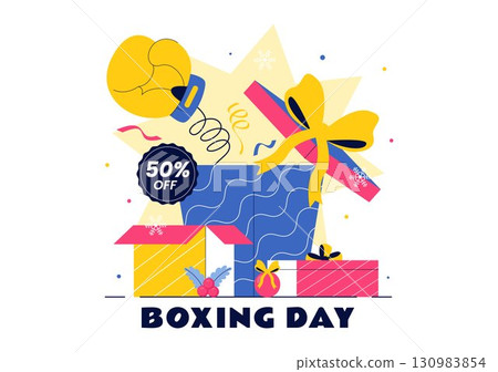 Boxing Day Sale Vector Illustration featuring Discount Tags, Special Offers, and Gift Boxes for Promotional Advertising in a Flat Cartoon Background Boxing Day Sale Vector Illustration featuring Discount Tags, Special Offers, and Gift Boxes for Promotional Advertising in a Flat Cartoon Background 130983854
