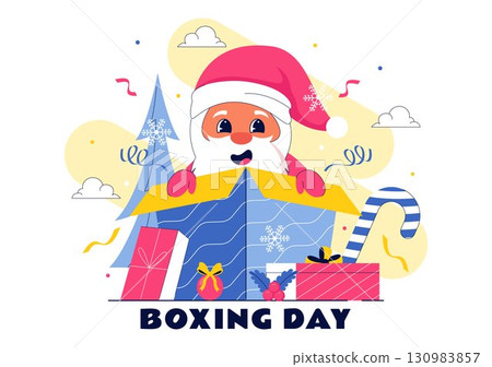 Boxing Day Sale Vector Illustration featuring Discount Tags, Special Offers, and Gift Boxes for Promotional Advertising in a Flat Cartoon Background Boxing Day Sale Vector Illustration featuring Discount Tags, Special Offers, and Gift Boxes for Promotional Advertising in a Flat Cartoon Background 130983857