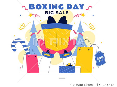 Boxing Day Sale Vector Illustration featuring Discount Tags, Special Offers, and Gift Boxes for Promotional Advertising in a Flat Cartoon Background 130983858