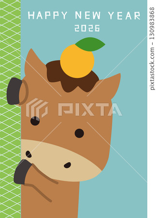 New Year's Card 2026 - Close-up of the Hyokkori Horse - Light Blue and Yellow-Green 130983868