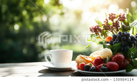 A breakfast table with fresh fruits, pastries, and coffee A breakfast table with fresh fruits, pastries, and coffee 130984114
