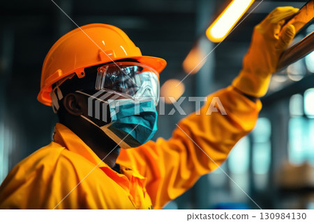 A safety officer demonstrating proper use of protective equipment 130984130