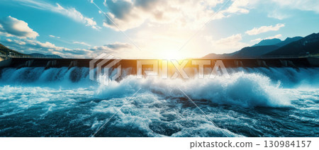 A hydroelectric dam with powerful water currents driving massive turbines A hydroelectric dam with powerful water currents driving massive turbines 130984157