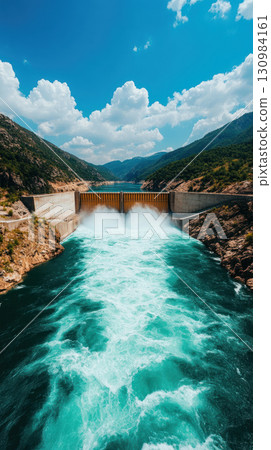 A hydroelectric dam with powerful water currents driving massive turbines 130984161