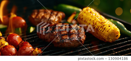 A barbecue with grilled meats and vegetables 130984186