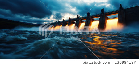 A hydroelectric dam with powerful water currents driving massive turbines 130984187
