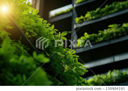 An industrial plant with green rooftops and vertical gardens promoting sustainability An industrial plant with green rooftops and vertical gardens promoting sustainability 130984191
