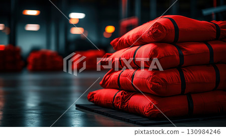 Red sandbags and gym mats scattered on a concrete floor, gritty and intense training environment, emphasizing functional fitness and strength 130984246