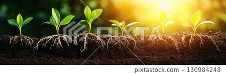 Abstract representation of bond yields as growing plants, roots symbolizing financial foundations, Bond Yields as Growth, investment growth, sustainable finance 130984248