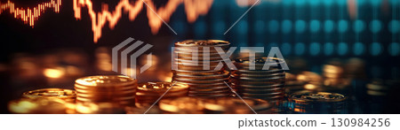Animated 3D graph with bond yields rising and falling, surrounded by gold coins, Bond Yield Animation, investment returns, financial simulation 130984256
