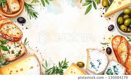 Watercolor cheese, bread and olive frame illustration background 130984276