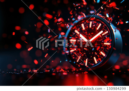 A digital clock breaking apart into glowing particles, symbolizing the deconstruction of time, Glowtime, abstract disintegration of time 130984299
