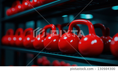 Rows of red kettlebells on metal shelves, organized neatly in a modern gym environment, symbolizing preparation and fitness discipline 130984300