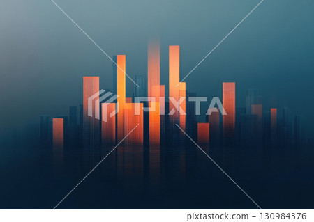 Abstract cityscape rising and falling with trade balance graphs projected onto buildings, economic impact, trade effects 130984376